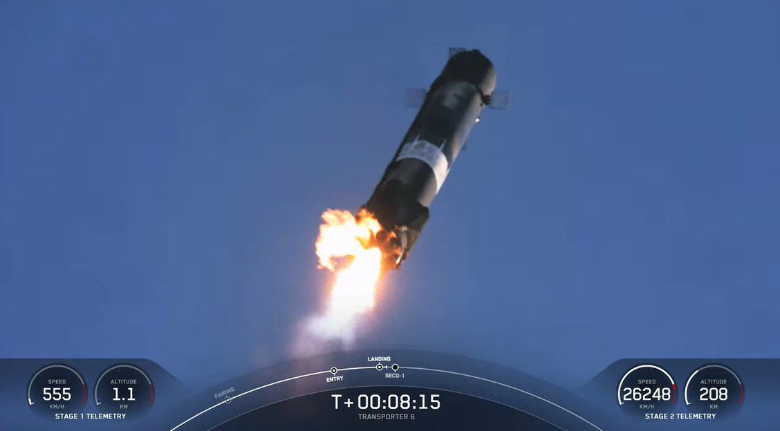 A SpaceX Falcon 9 rocket booster returns to Earth after launching the Transpoter-6 mission from Cape Canaveral Space Force Station, Florida on Jan. 3, 2022. It was the 15th flight for the booster.