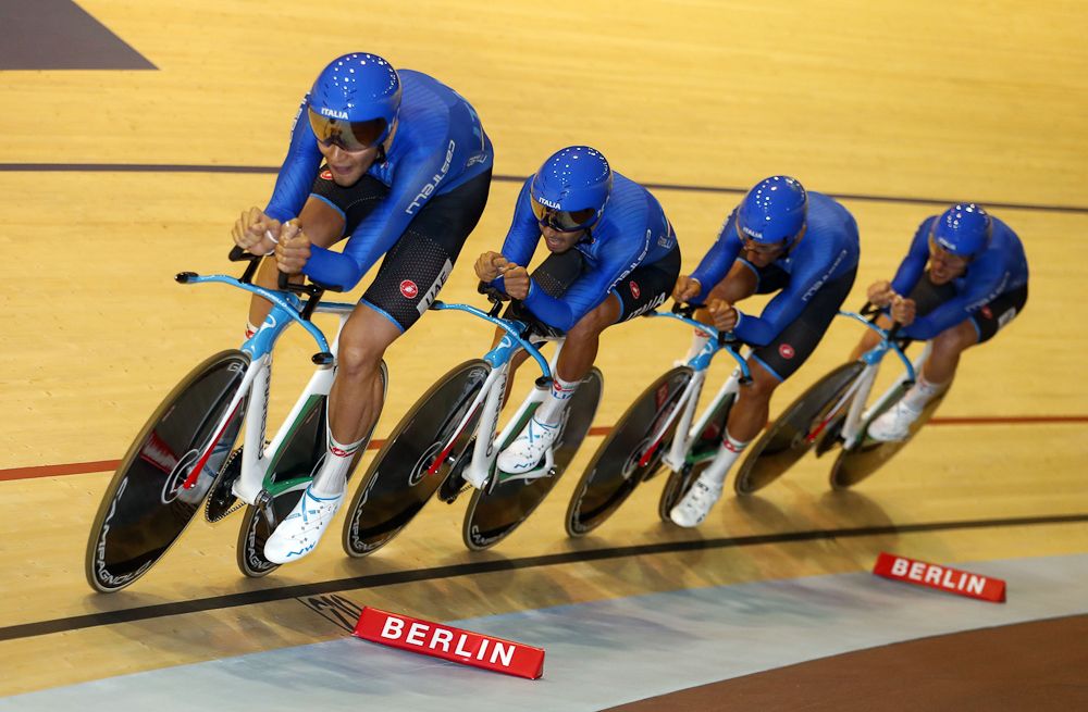 The Italian men en route to silver in the team pursuit at the European championships