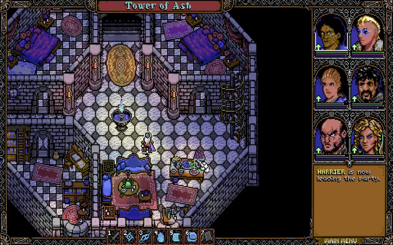 Skald gameplay showing exploration of a cozy tower living space with tiled floor.