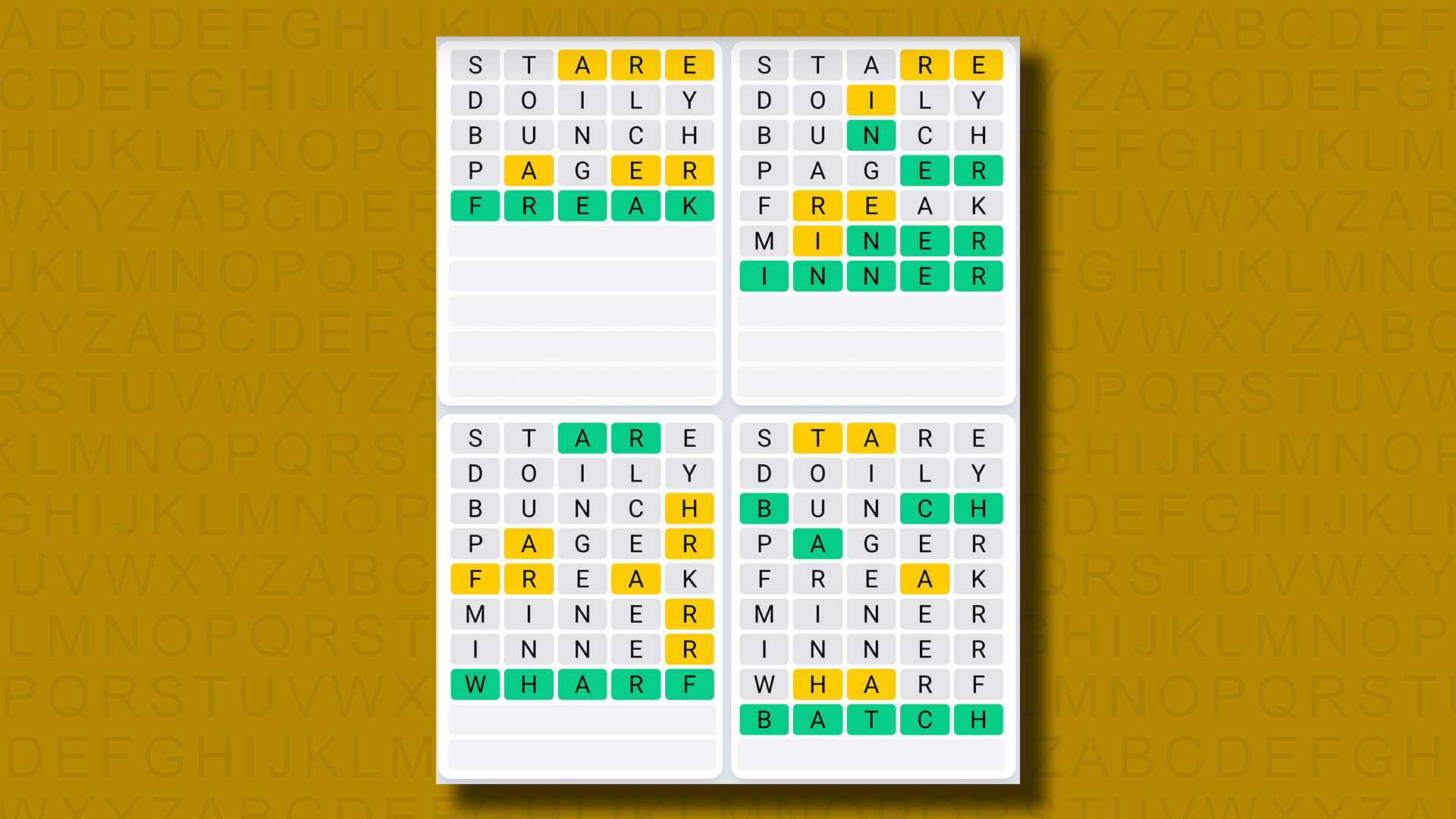 Quordle Daily Sequence answers for game 1203 on a yellow background