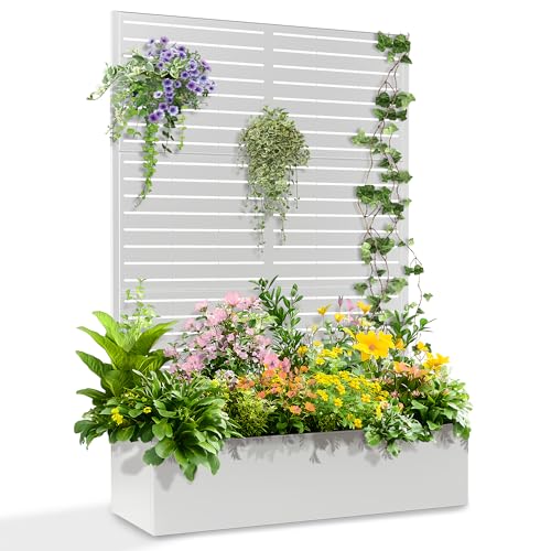 71"x47"x16" Metal Planter Box With Trellis, Raised Garden Bed With Trellis, Trellis With Planter Box &amp;amp; Privacy Screen for Climbing Plants, Vegetable, Vines(white, Louvered)