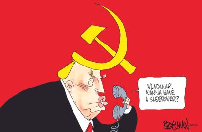 Political cartoon U.S. Trump Putin sleepover Helsinki summit communism