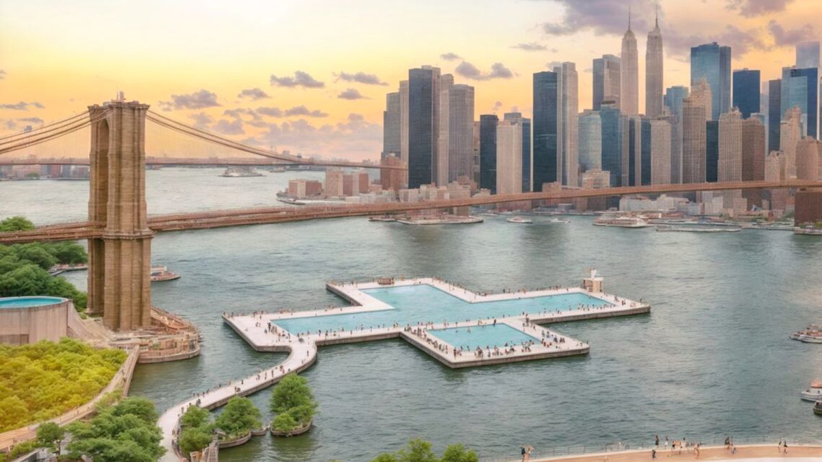 Concept art for a cross-shaped swimming pool in New York City&#039;s East River