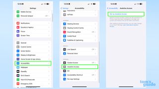 Screenshots showing where to find Assistive Access in iOS 17's Settings app