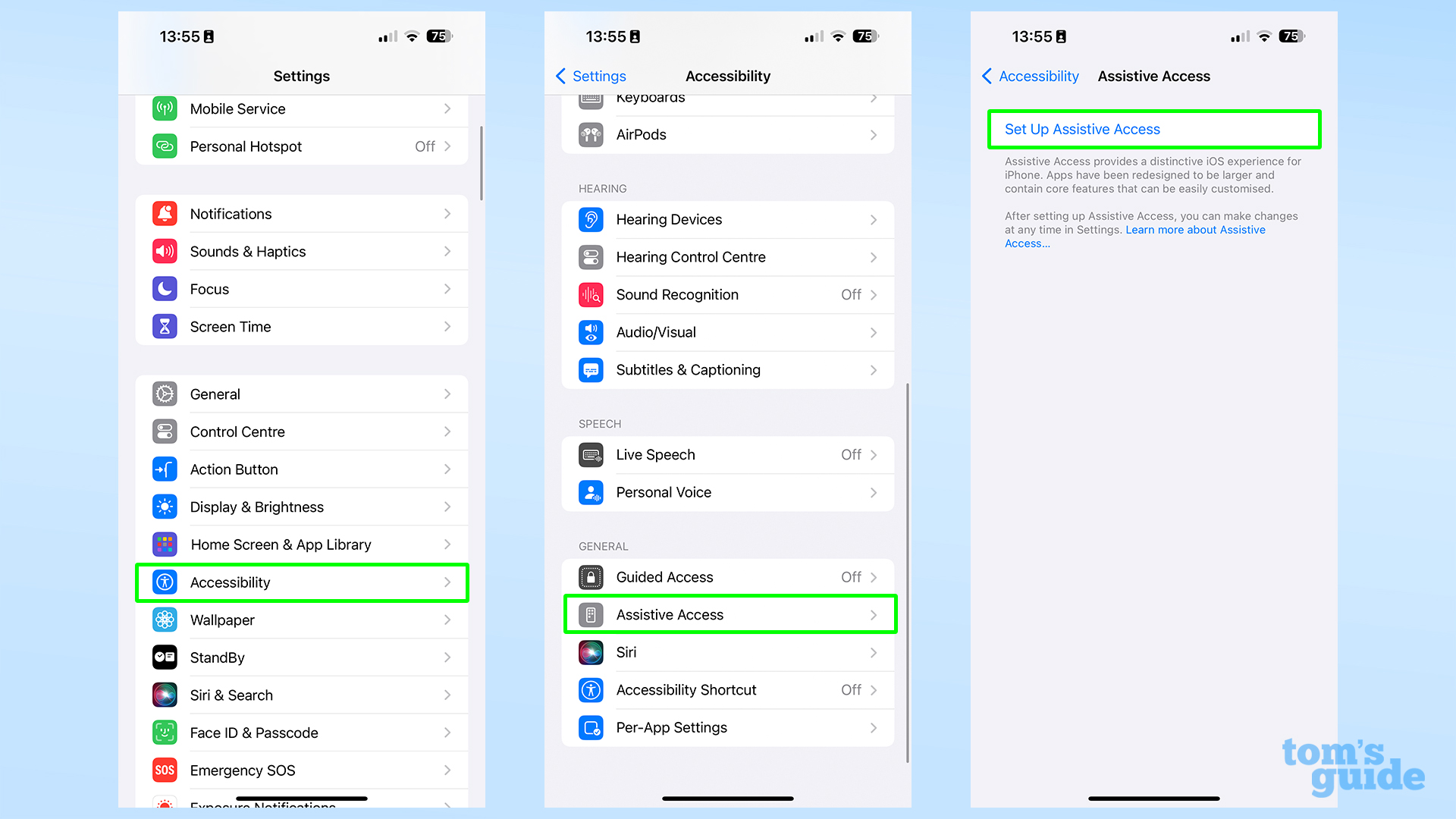 Снимки экрана, показывающие, где найти вспомогательный доступ в приложении «Настройки» iOS 17.