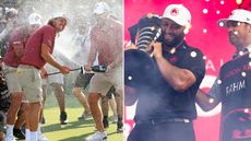 Cameron Smith gets sprayed with champagne by his teammates, whilst Jon Rahm holds a LIV Golf trophy