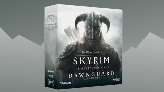 The Skyrim Dawnguard board game expansion on grey with mountains