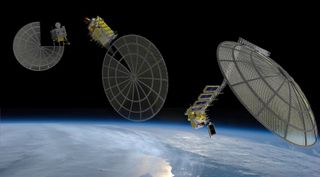 An artist's concept of Made In Space’s Archinaut spacecraft 3D-printing and assembling satellite reflectors in space.