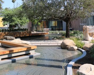 An LA garden with water pool, trees and bolders