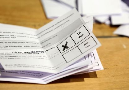 A ballot paper is pictured as votes are counted following the Irish abortion referendum, at the RDS Conference centre in Dublin on May 26, 2018.