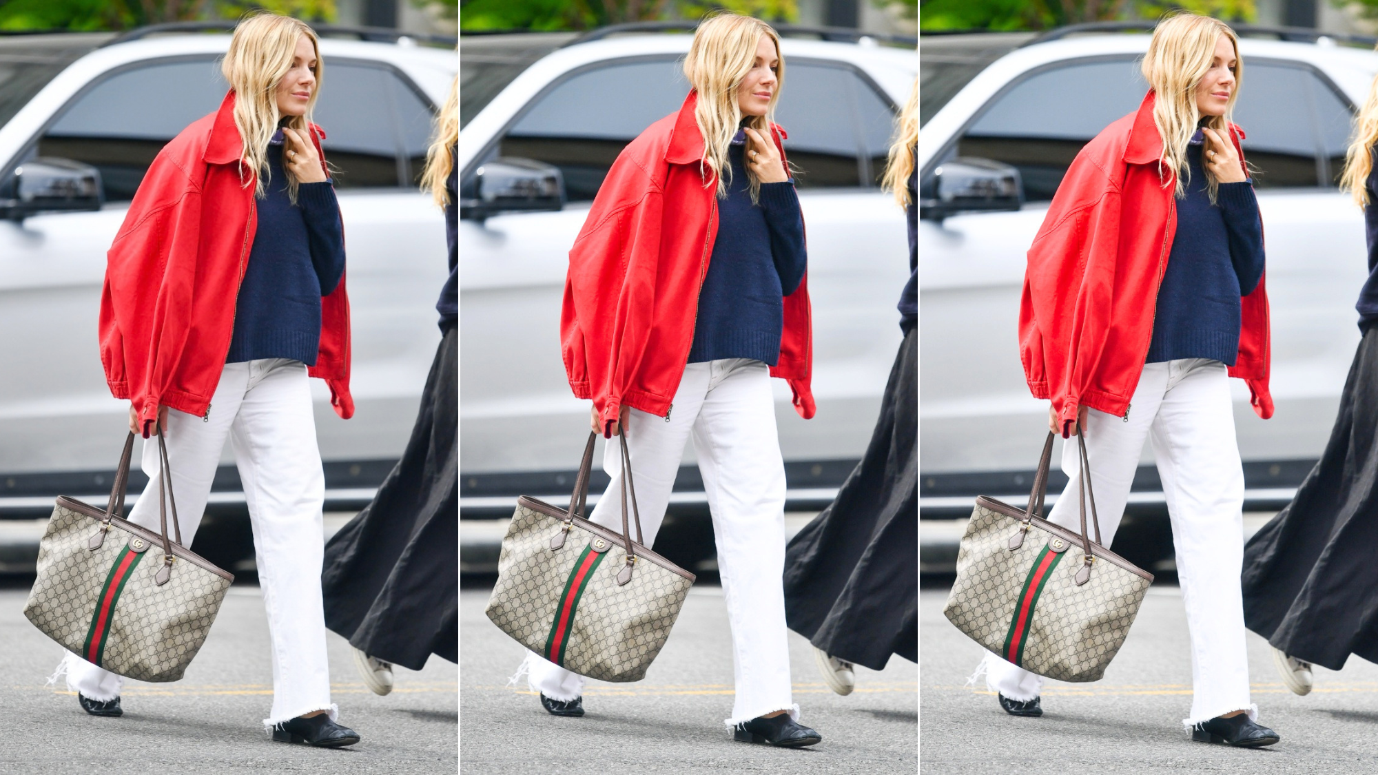 Sienna Miller wears white jeans red jacket