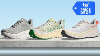 Hoka shoes on a shelf with a deal badge overlay