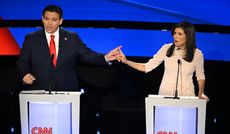 Presidential candidates Ron DeSantis and Nikki Haley at the fifth Republican primary debate at Iowa's Drake University.