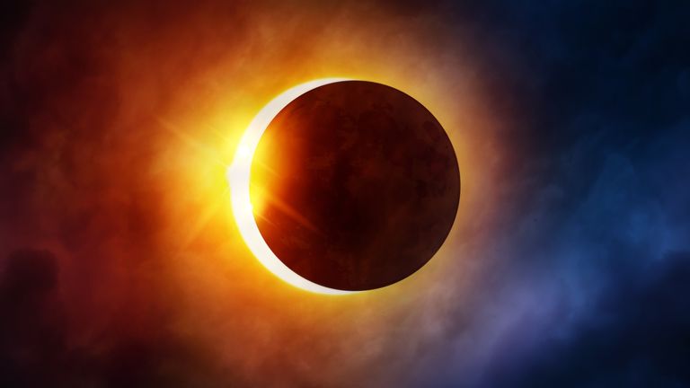 Eclipses in astrology—Solar Eclipse. The moon moving in front of the sun. Illustration