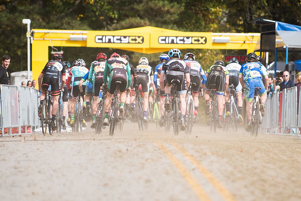 Like a thundering herd of Bison, the Junior men stampede past the start line during the start of the junior race.