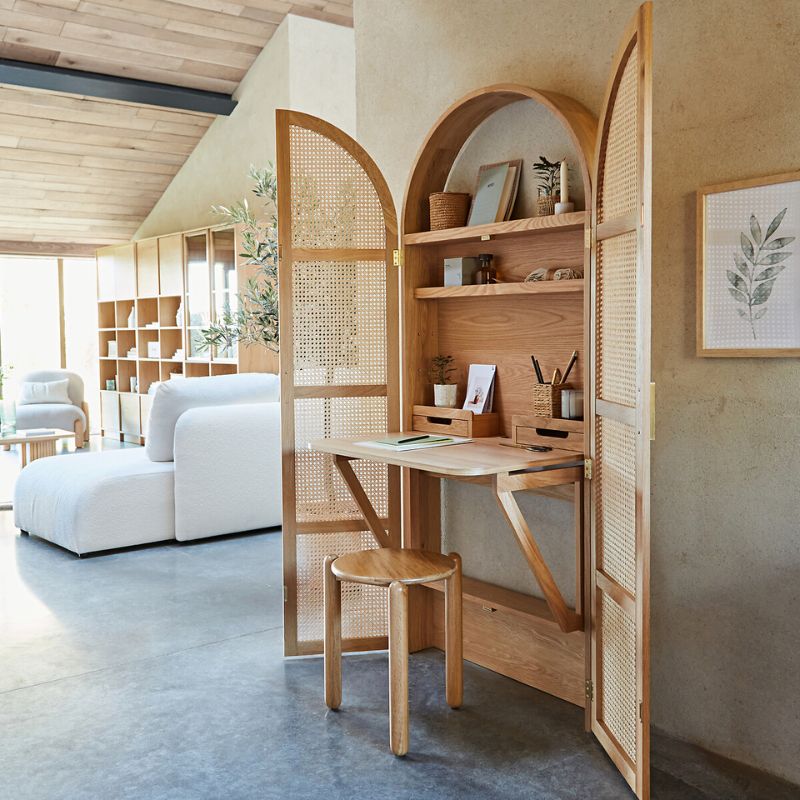 rattan tall cabinet with fold-out desk