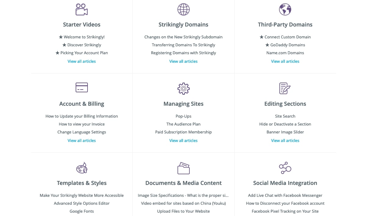 Strikingly's support homepage