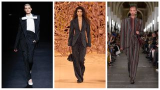 models wearing suits on the Fall 2024 runways of Nina Ricci, Ulla Johnson, and Tory Burch