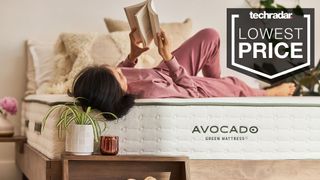 Avocado mattress sales: Woman lying on an Avocado Green mattress and reading, with Lowest Price graphic overlaid