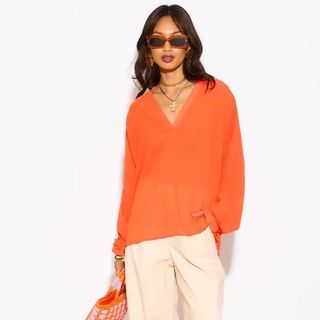 Silkfred Orange Textured Chiffon Oversized Blouse