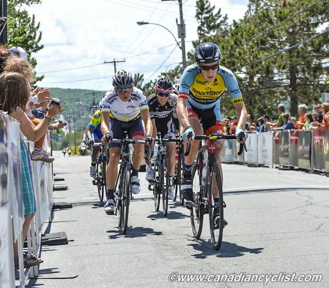 Rob Britton (Team SmartStop) leads the break over the top of the climb to start the final lap