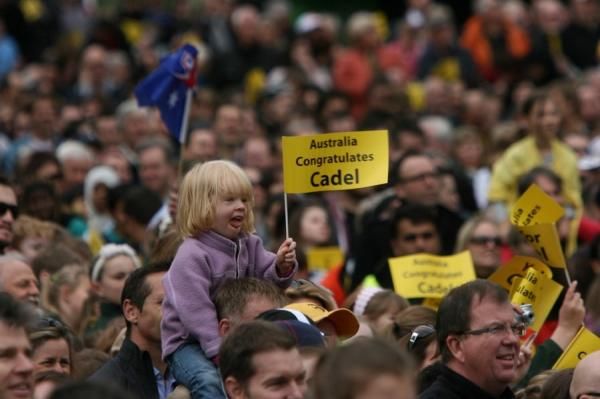 A young fan cheers on Cadel Evans in Melbourne's Federation Square