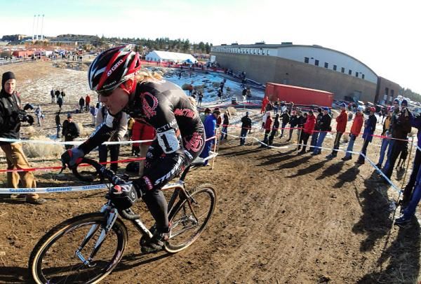 Katie Compton (Planet Bike) riding a difficult hill.