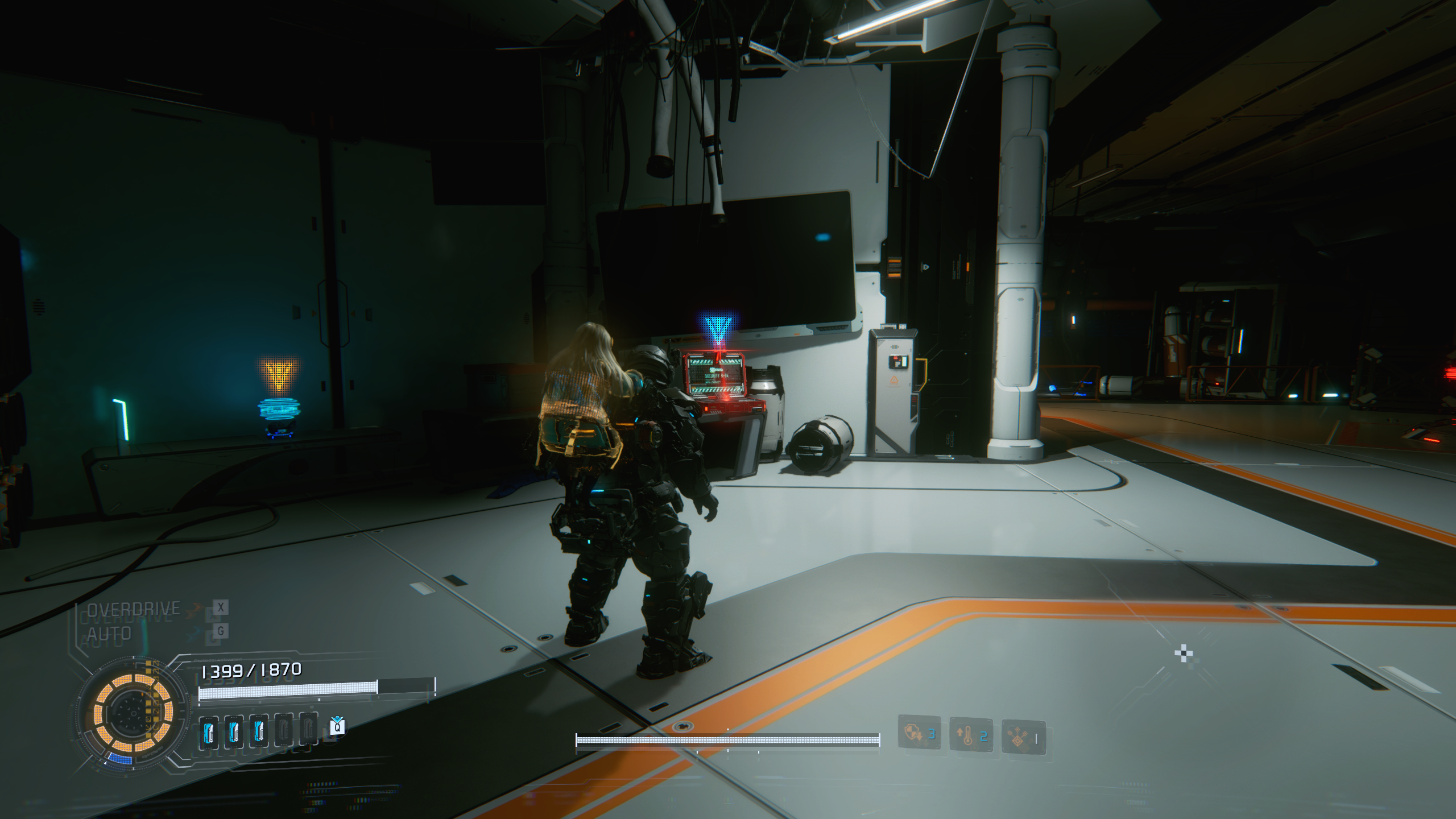 Pragmata Red Zone Gate Keys: A player looking at a Red Gate Key laptop in the Warehouse.