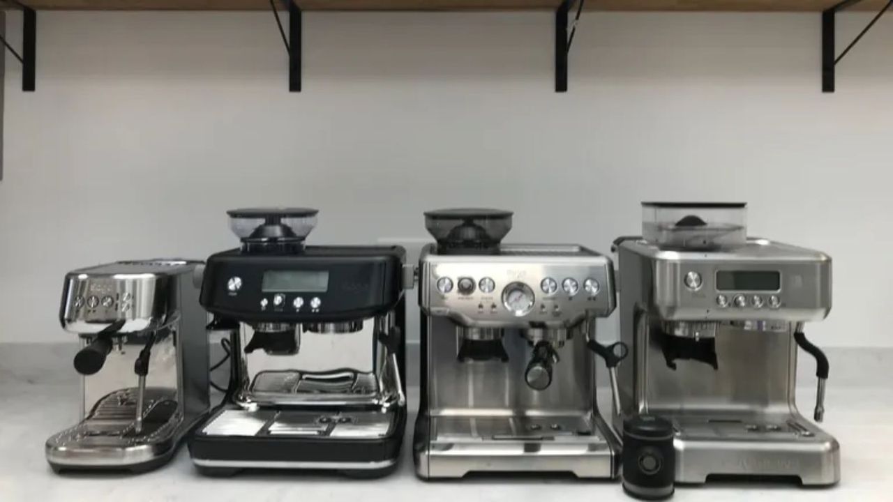 The Breville Bambino Plus next to the Breville Barista Pro, the Breville Barista Express, and the Casabrews Pro 500