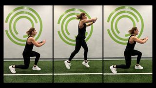 Certified personal trainer Denise Chakoian demonstrating a split squat jump