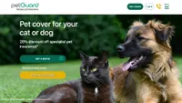 Best pet insurance: Image of petGuard homepage with dog and cat sitting on grass and trees in behind