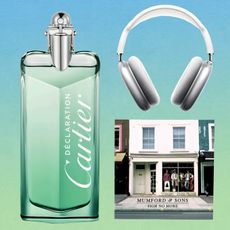 selection of father's day gifts including cartier perfume and headphones