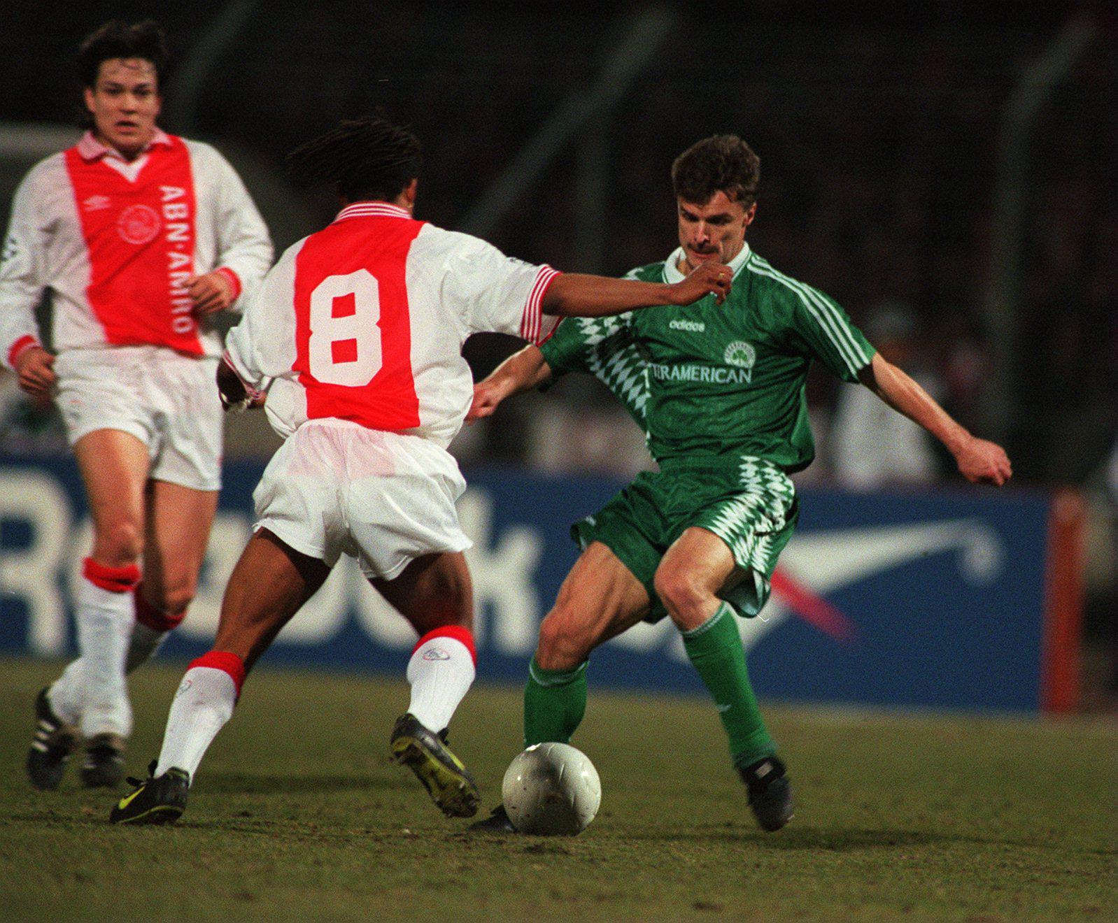 Krzysztof Warzycha in action for Panathinaikos against Ajax in the first leg of the 1995/96 Champions League semi final