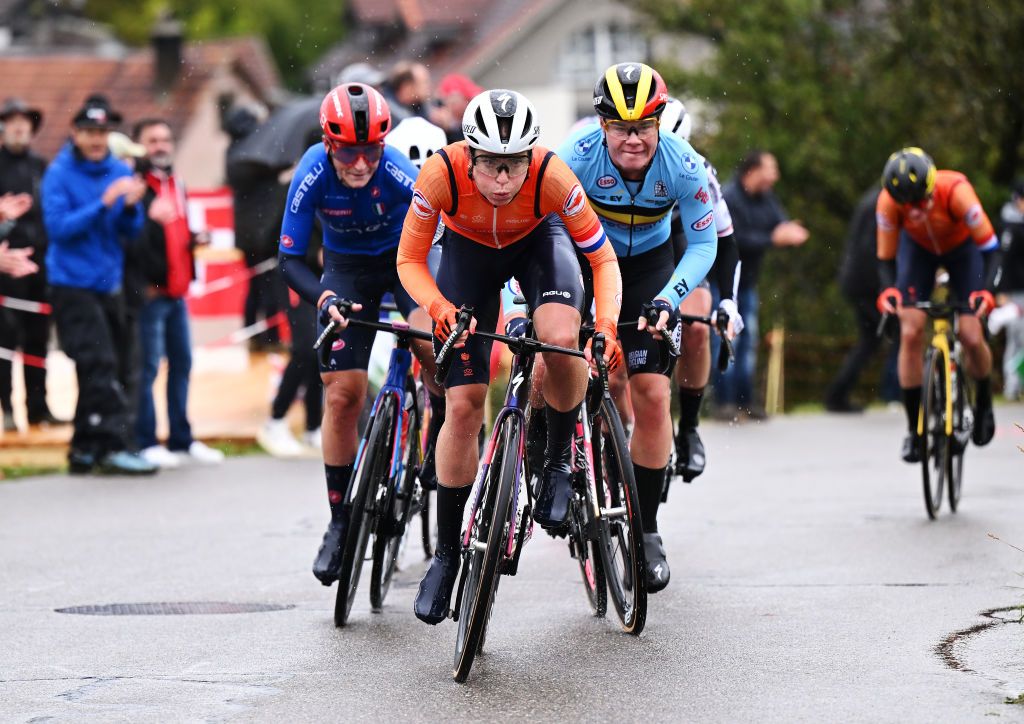 ZURICH SWITZERLAND SEPTEMBER 28 LR Elisa Longo Borghini of Team Italy Demi Vollering of Team Netherlands Lotte Kopecky of Team Belgium compete in the breakaway during the 97th UCI Cycling World Championships Zurich 2024 Womens Elite Road Race a 1541km one day race from Uster to Zurich on September 28 2024 in Zurich Switzerland Photo by Tim de WaeleGetty Images