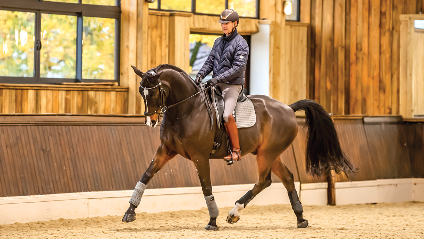 Spencer Wilton riding Super Nova II in the bright indoor school