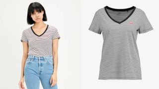 Model wears striped v-neck t-shirt