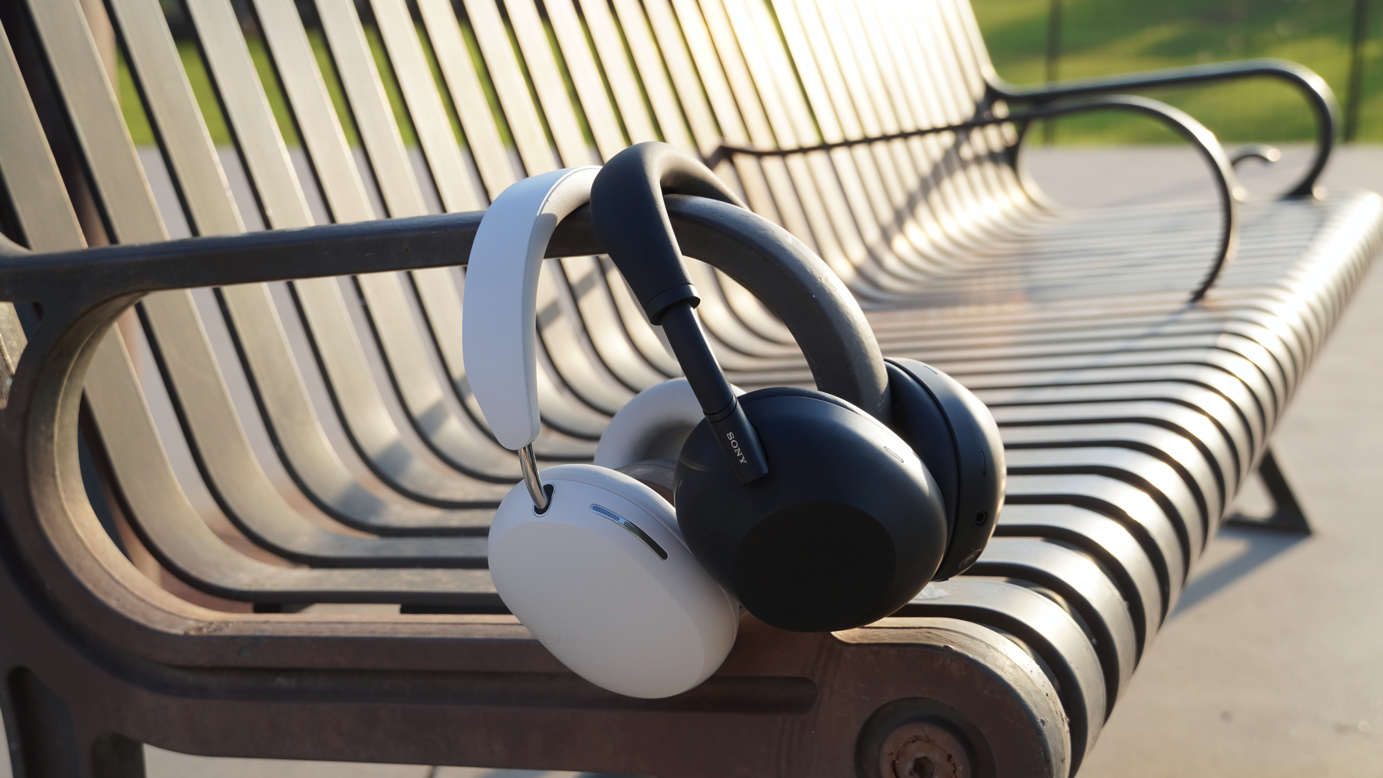 The Sonos Ace in white beside the Sony WH-1000XM6 in black hanging off a park bench.