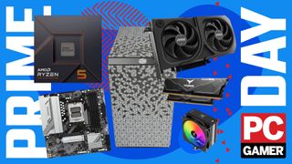 A collage of different PC components against a blue, colorful background with 'Prime Day' and a PC Gamer logo on the sides