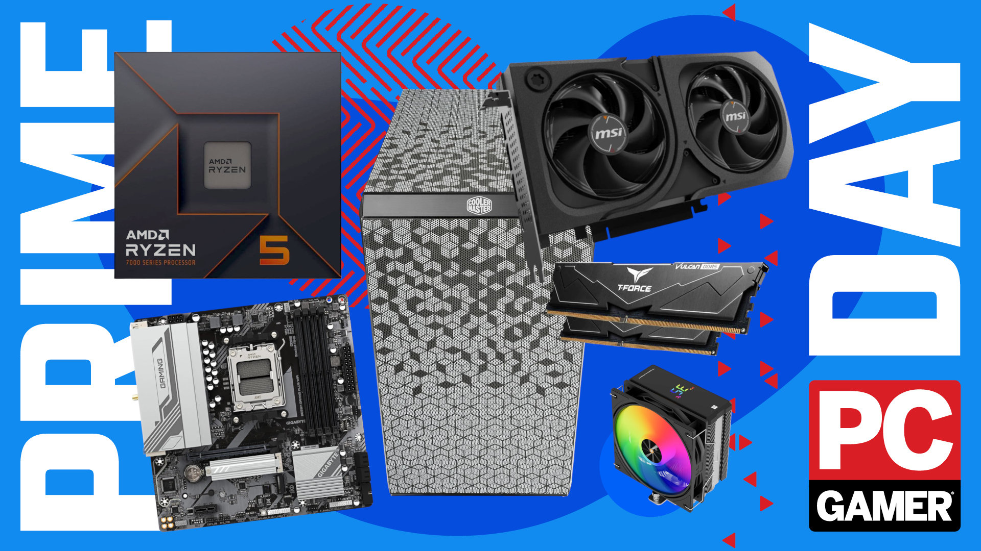 A collage of different PC components against a blue, colorful background with 'Prime Day' and a PC Gamer logo on the sides