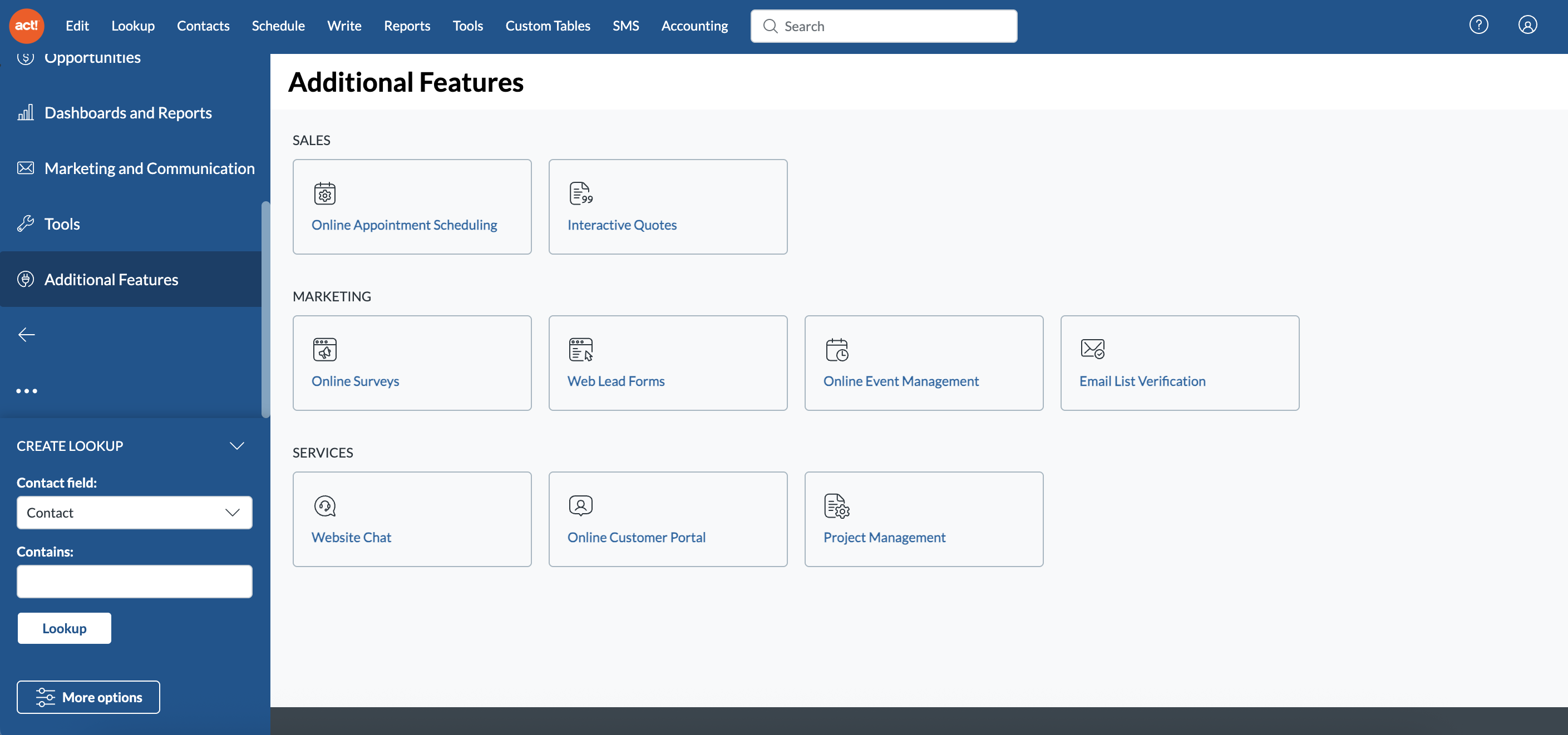 Screenshot of ACT CRM Additional tools