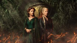 A promotional image for House of the Dragon, with Alicent Hightower and Rhaenyra Targaryen standing in front of a dragon's eye
