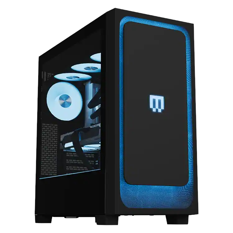 Sleek black MG-1 MK.II gaming PC tower with glowing blue LEDs on front panel. Visible side panel showcases illuminated internal fans, conveying a modern tech aesthetic.