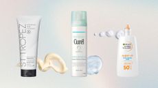 St Tropez gradual tan, Curel face mist and Garnier Super UV facial spf with swatches on a pastel tie-dye background