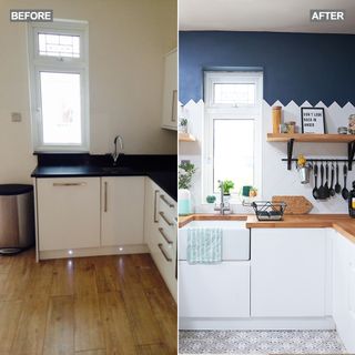 kitchen makeover with white units and herringbone metro tiles blue walls