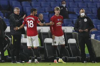 Manchester United manager Ole Gunnar Solskjaer congratulates Bruno Fernandes as he is substituted