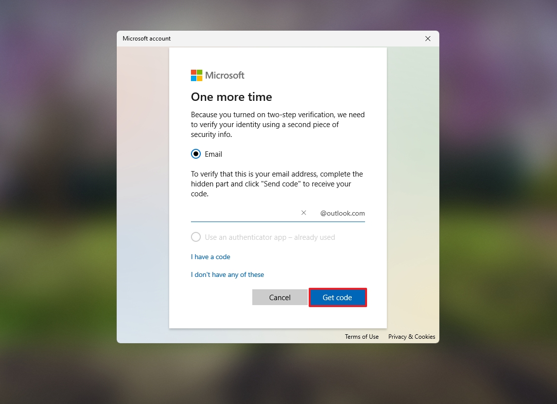 Microsoft account get code