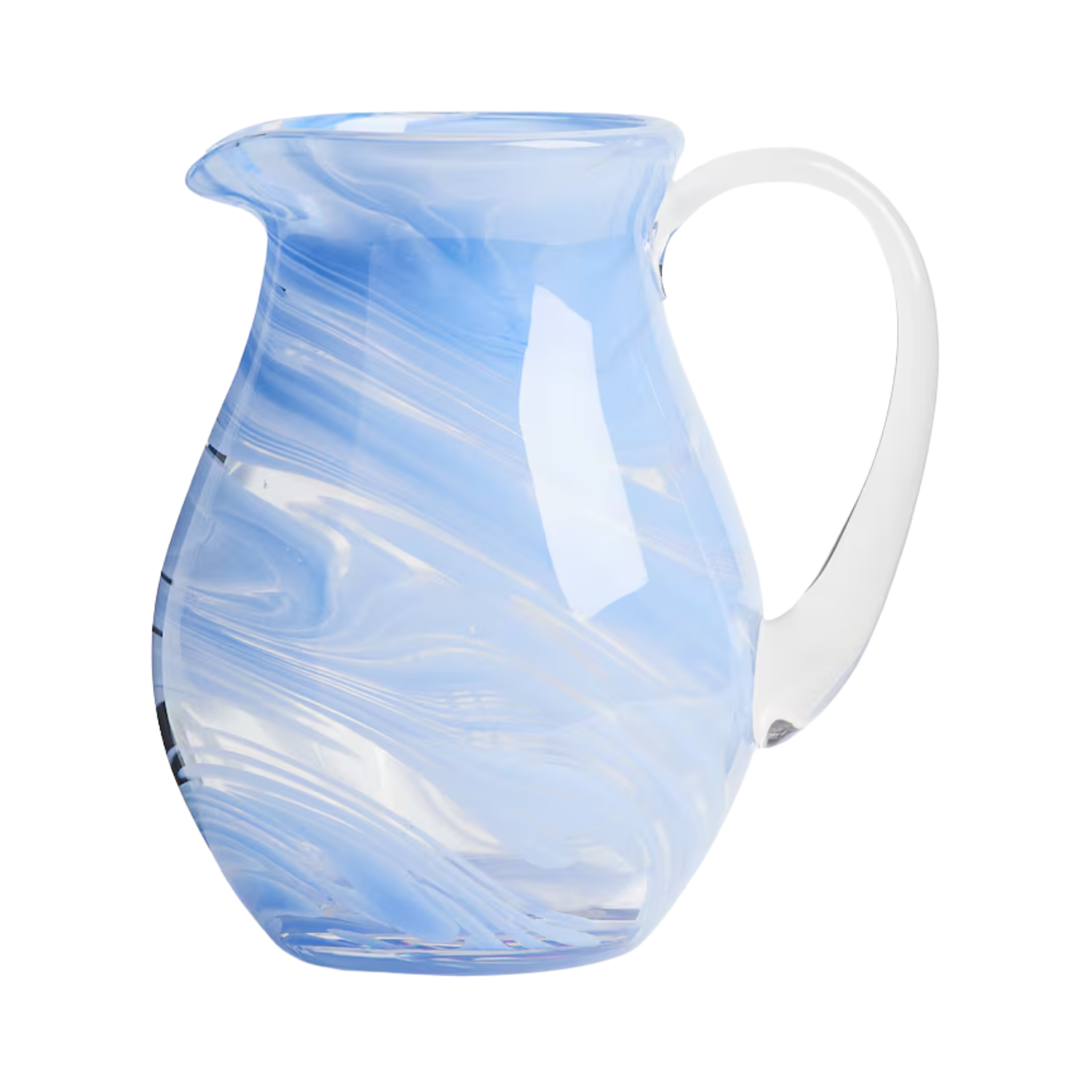 A patterned light blue glass jug