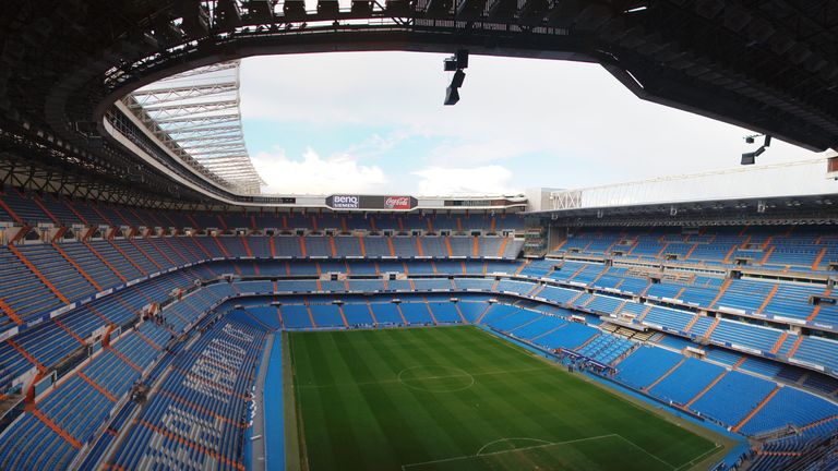 A panorama of the Santiago Bernabeu stadium in Madrid, Spain