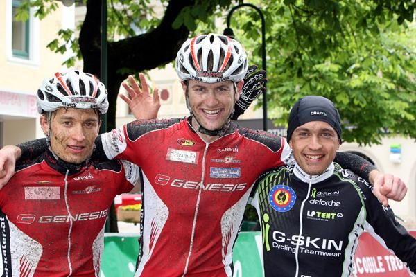 The elite men's podium (l-r): Matthias Leisling, Uwe Hochenwarter and Bjorn Brems.