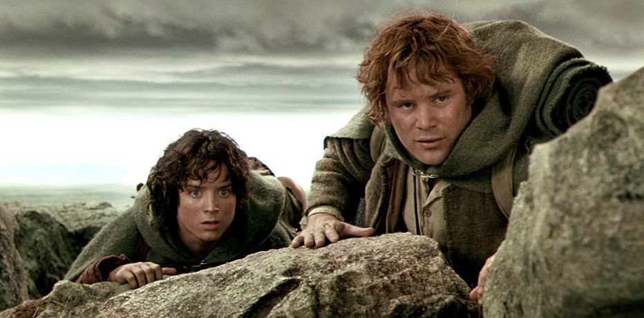 Frodo Baggins (Elijah Wood) and Samwise Gamgee (Sean Aston) in the Lord of the Rings movie trilogy